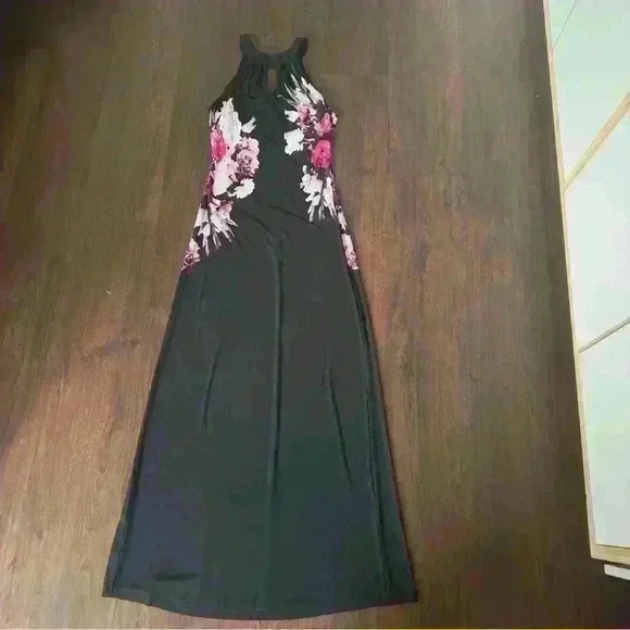 Vintage Cache Floral Halter Jersey Maxi Dress Black/White/Pink XS - Picture 4 of 6